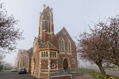 Clacton-on-Sea - Christ Church (URC)  Built in 1886/7 of brick with stone dressings. The slender tower was originally a spire. The south transept was added in 1890 and a lecture hall and clasrooms added in 1901. : Church, Essex, Victorian