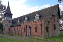 Kelvedon Hatch - St Nicholas 1895  The church was designed by John Newman, who lived in the village. His design shows the late Victorian interest in the skill of the craftsman and the rejection of industrialisation. The church was built in 1895 in red brick, exposed internally, and consists of chancel, nave, organ chamber, vestry and south porch. Above the porch is a small bell tower with a louvred belfry and shingled spire. : Church, Essex, Kelvedon, Hatch, St Nicholas