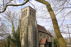 Langdon Hills - St Mary  The church was built in 1876 on a man-made mound on the highest point of Hall Wood, to replace the older St Mary and All Saints at Old Church Hill.  It is made of brick with a facing of ragstone in the Early English style. : Church, Essex, Langdon, Hills, St Mary, C19, New