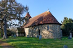 Little Parndon - St Mary  Victorian flint church with apsidal chancel and picturesque belfry with brick nogging between the studwork. : Harlow, Little Parndon, Essex, apse, Victorian, church, belfry