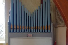 Little Tey - St James the Less - Organ  The pretty church organ was moved to Little Tey from Sternfield in Suffolk, in 1972. It was built by Arnold. : Church, Essex, Little, Tey, St James, Norman, C12, C13, C16, Passion, Painting, Grade 1, Organ