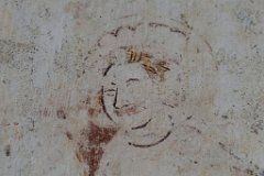 Little Tey - St James - St Christopher  The Christ Child, sitting on the shoulder of St Christopher, painted in the 14th century. This painting is on the north wall of the church. : Church, Essex, Little, Tey, St James, Norman, C12, C13, C16, Passion, Painting, Grade 1
